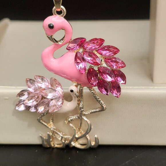 Betsey Johnson Jewelry Pink Flamingo Mother Child Pendant Crystals Enamel Gold - Picture 1 of 6